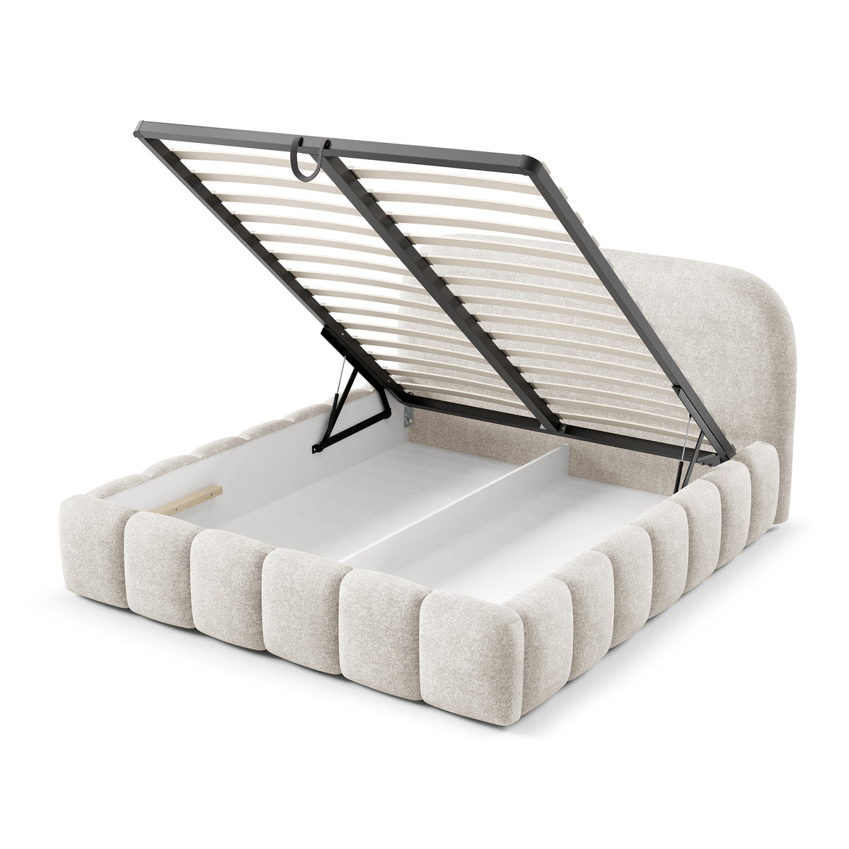 Tegell Upholstered Ottoman Bed with Storage, Modern Soft Style, Monte Fabric – with doors open