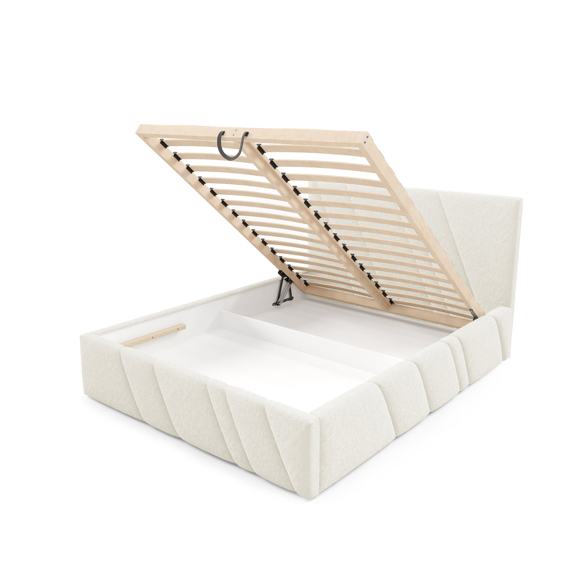 Raiz Quilted Upholstered Ottoman Bed with Storage, Various Sizes in Modern Style, Lambi Fabric – with doors open