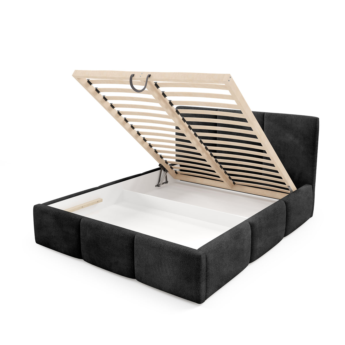 Gestoffeerd bed Melora met opbergruimte in verschillende maten, in een moderne stijl, Coral-stof - met open fronten