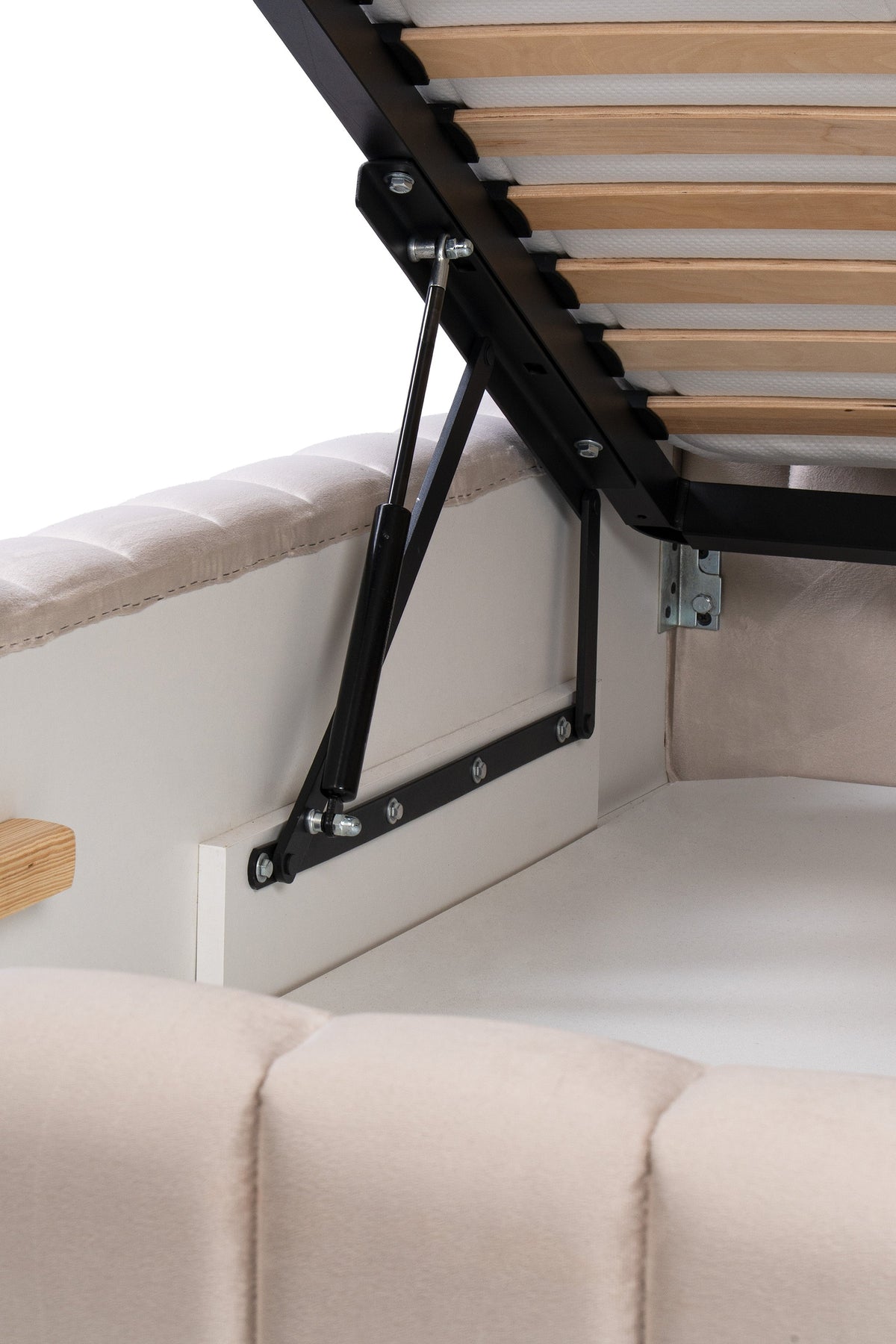 Drevy Upholstered Ottoman Bed with Storage, Modern Style – Fresh Velvet, Vertical Stitching – close-up of details and texture