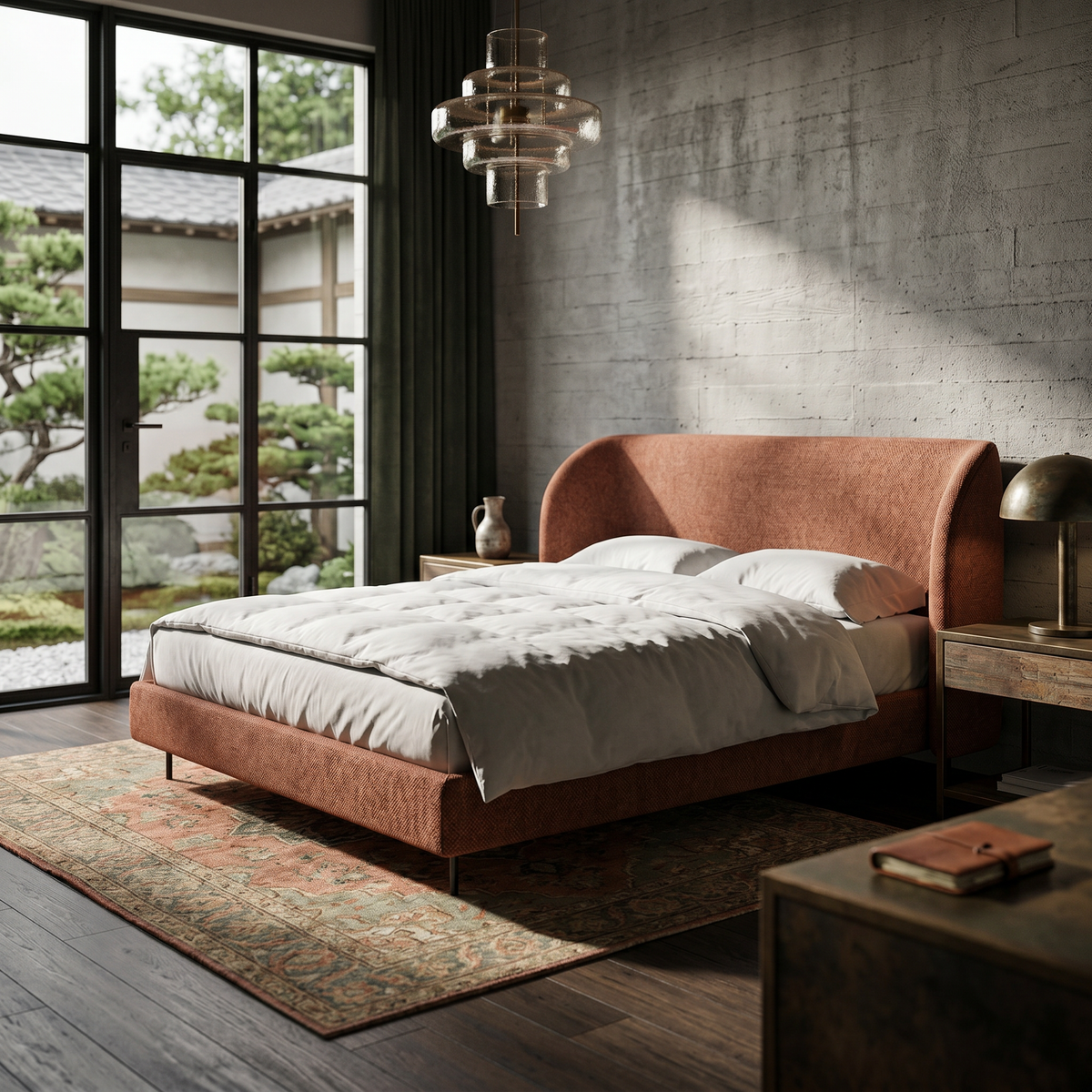 Dorida Upholstered Bed with a Smooth Headboard 140x200, 160x200 and 180x200, Minimalist Style – in a room setting
