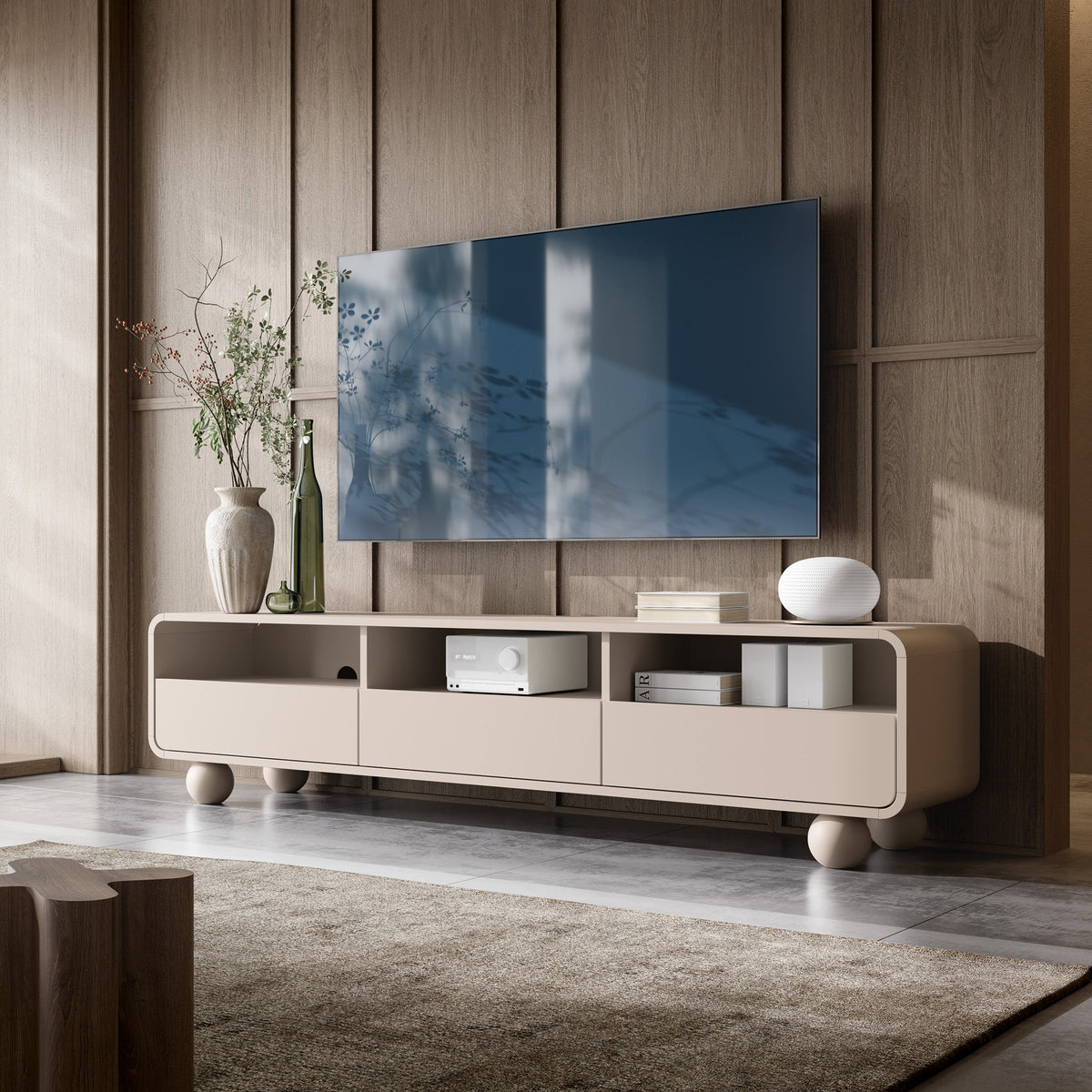 Ballo TV Unit / TV Stand 180x44, Japandi Style – in a room setting