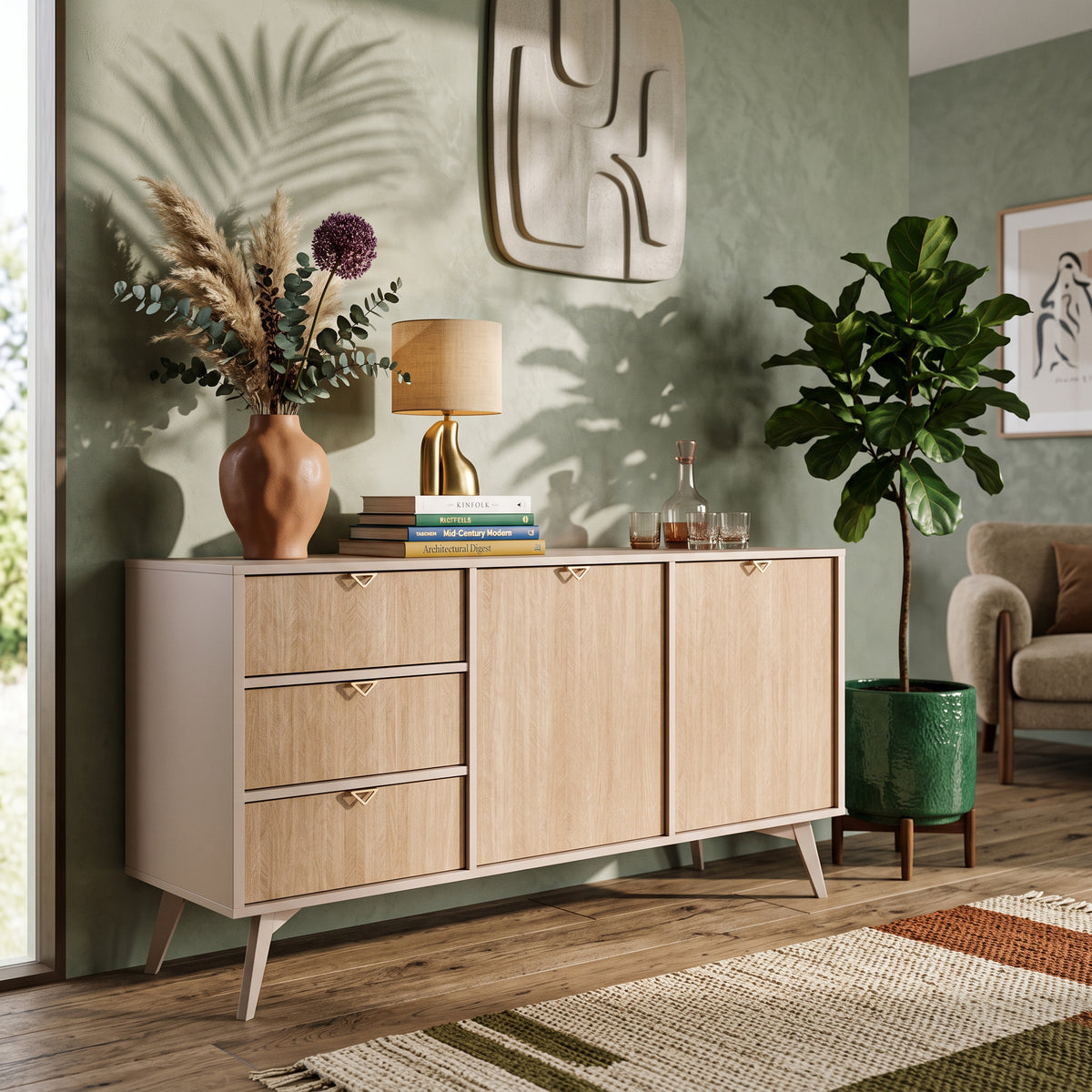 Mandala Sideboard 158x80 with Drawers and Cabinets, Japandi Style – in a room setting