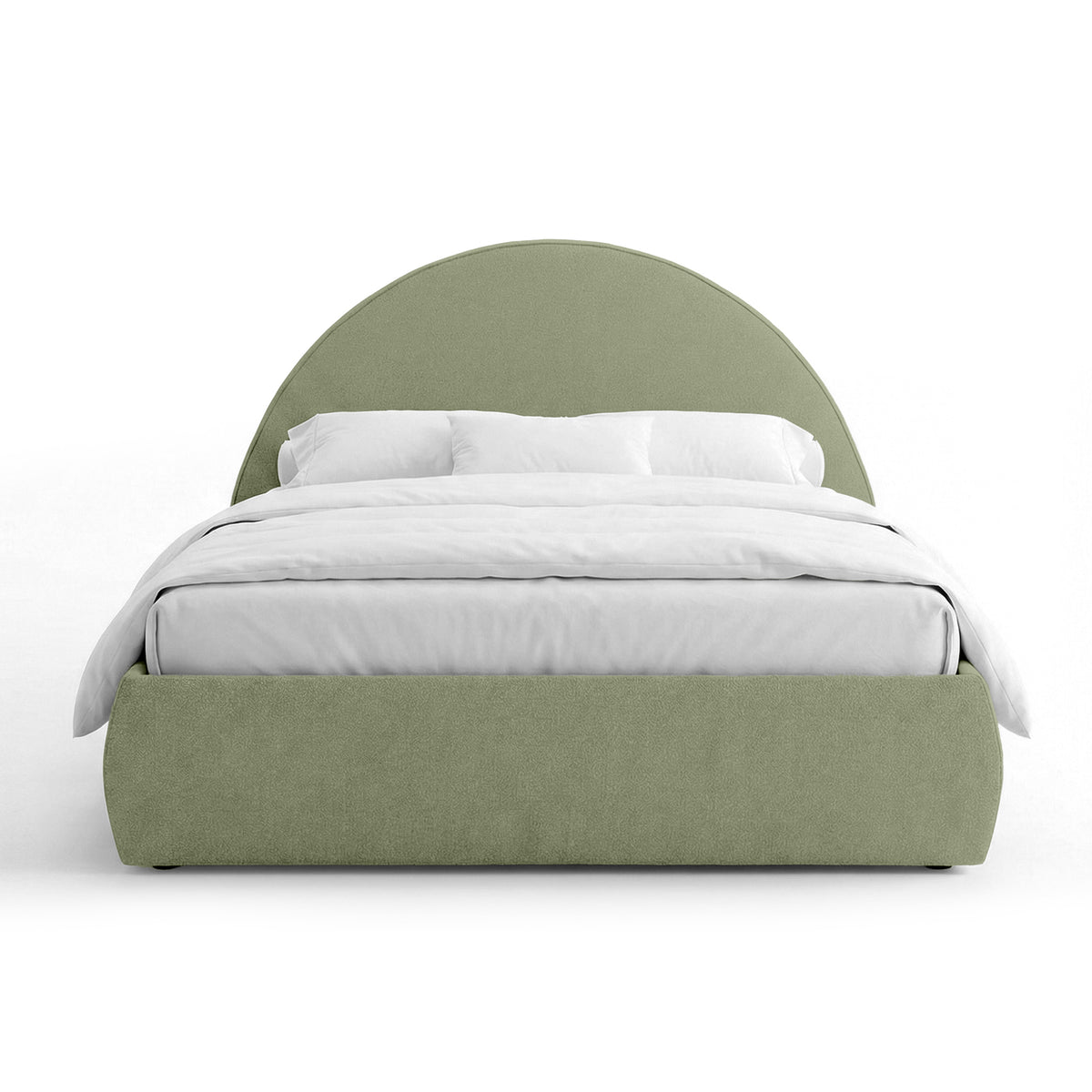 Orizo Upholstered Ottoman Bed with Storage and a Semicircular Headboard, Modern Style – Sage Linen (NOELLE 71)