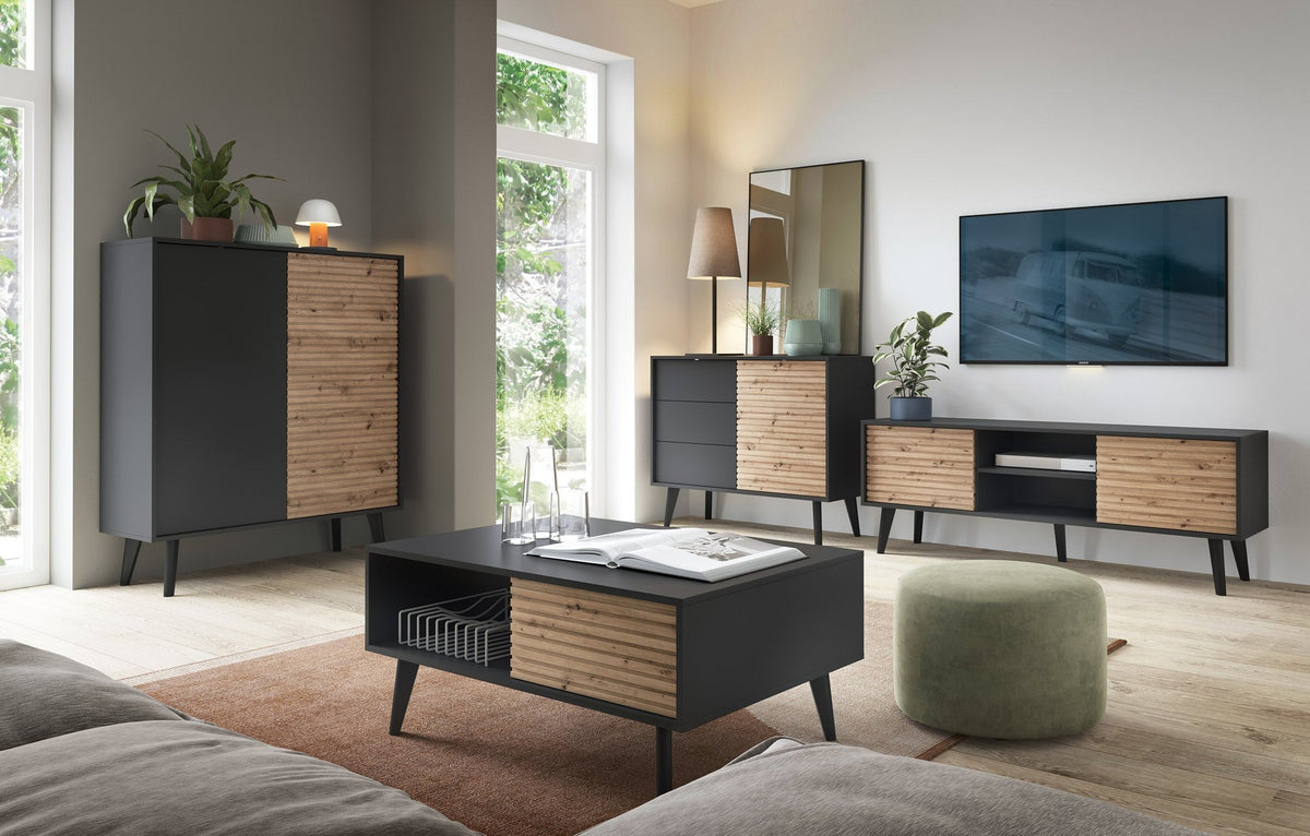 Las Coffee Table 104x48 cm with Drawer, Loft Style – in a room setting