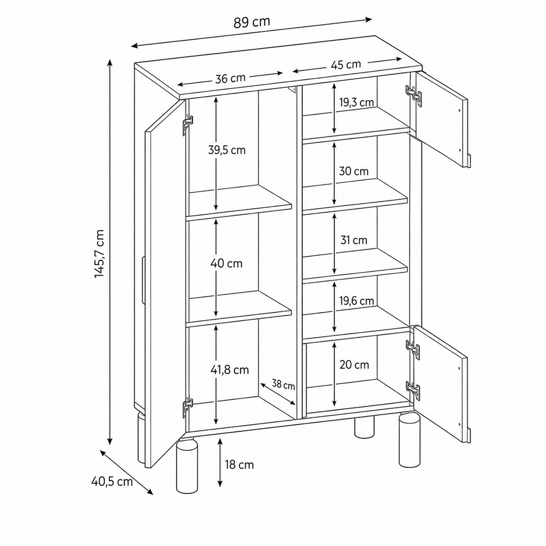 Fjord Display Cabinet 89x146 with Glass Front, Scandinavian Style – dimensions drawing