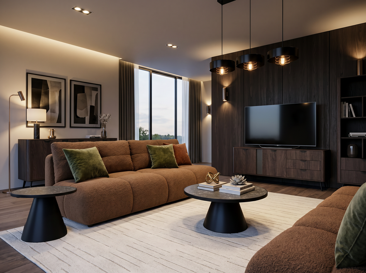 Modern living room with a brown Mikorya sofa, black Soren coffee tables, dark Velia furniture, a light Linaro rug and a black Spirra pendant lamp