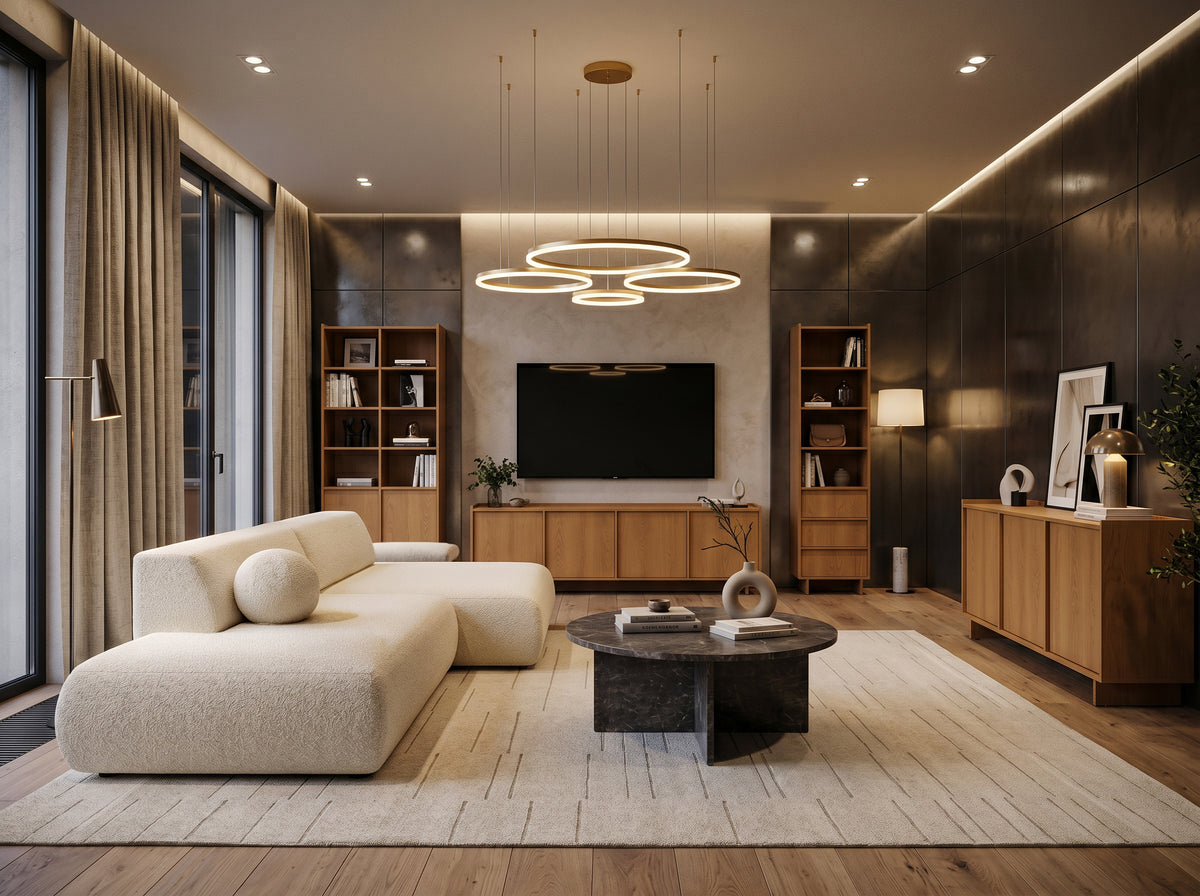 Modern living room with a cream Puentro corner sofa, a dark marble Plaris coffee table, wooden Kiyro furniture and a gold Soliva pendant lamp