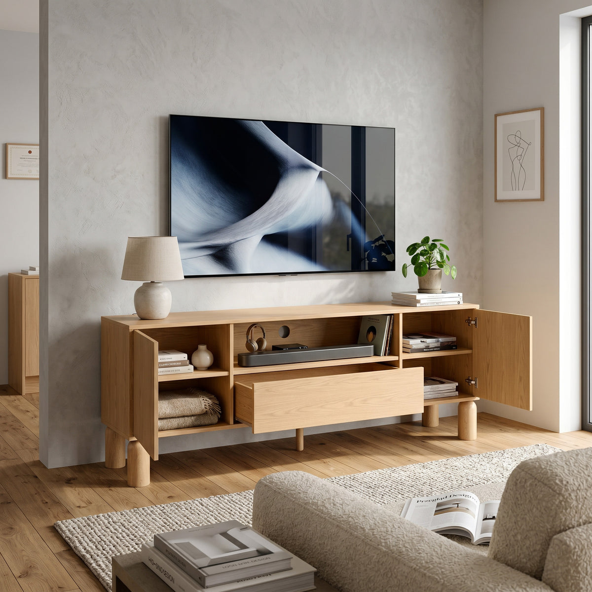 Fjord TV Unit / TV Stand 160x62 with Spacious Storage Compartments, Scandinavian Style – in a room setting
