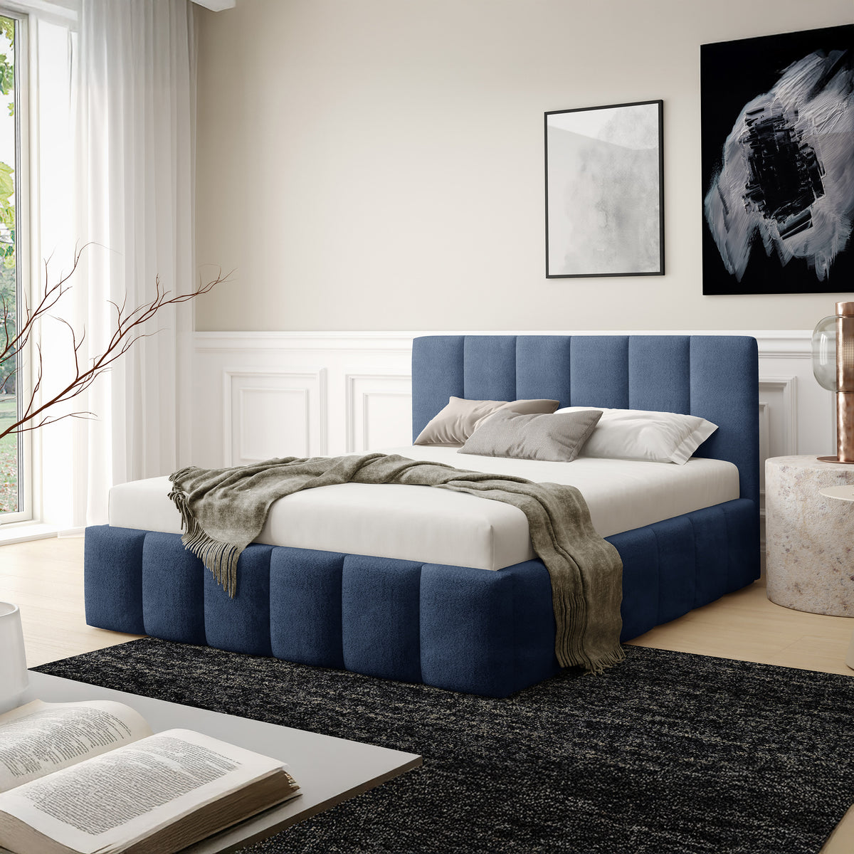 Nerom Quilted Upholstered Ottoman Bed with Storage, Various Sizes in Elegant Style 140x200, 160x200 and 180x200, Coral Fabric – in a room setting