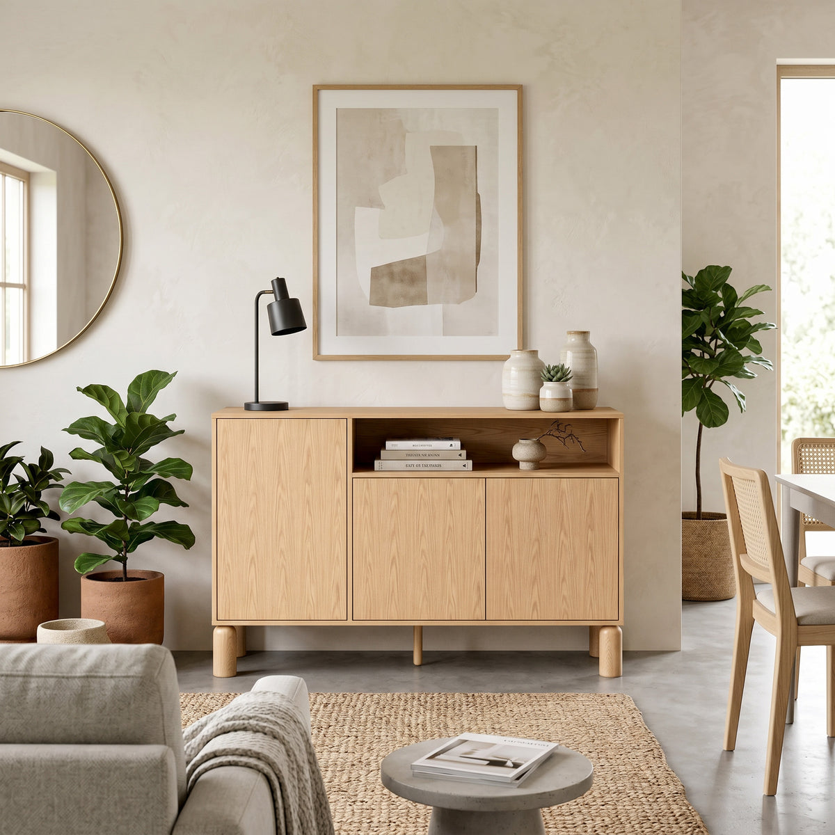 Fjord 3-door Sideboard 140x92 with an Open Compartment, Scandinavian Style – in a room setting