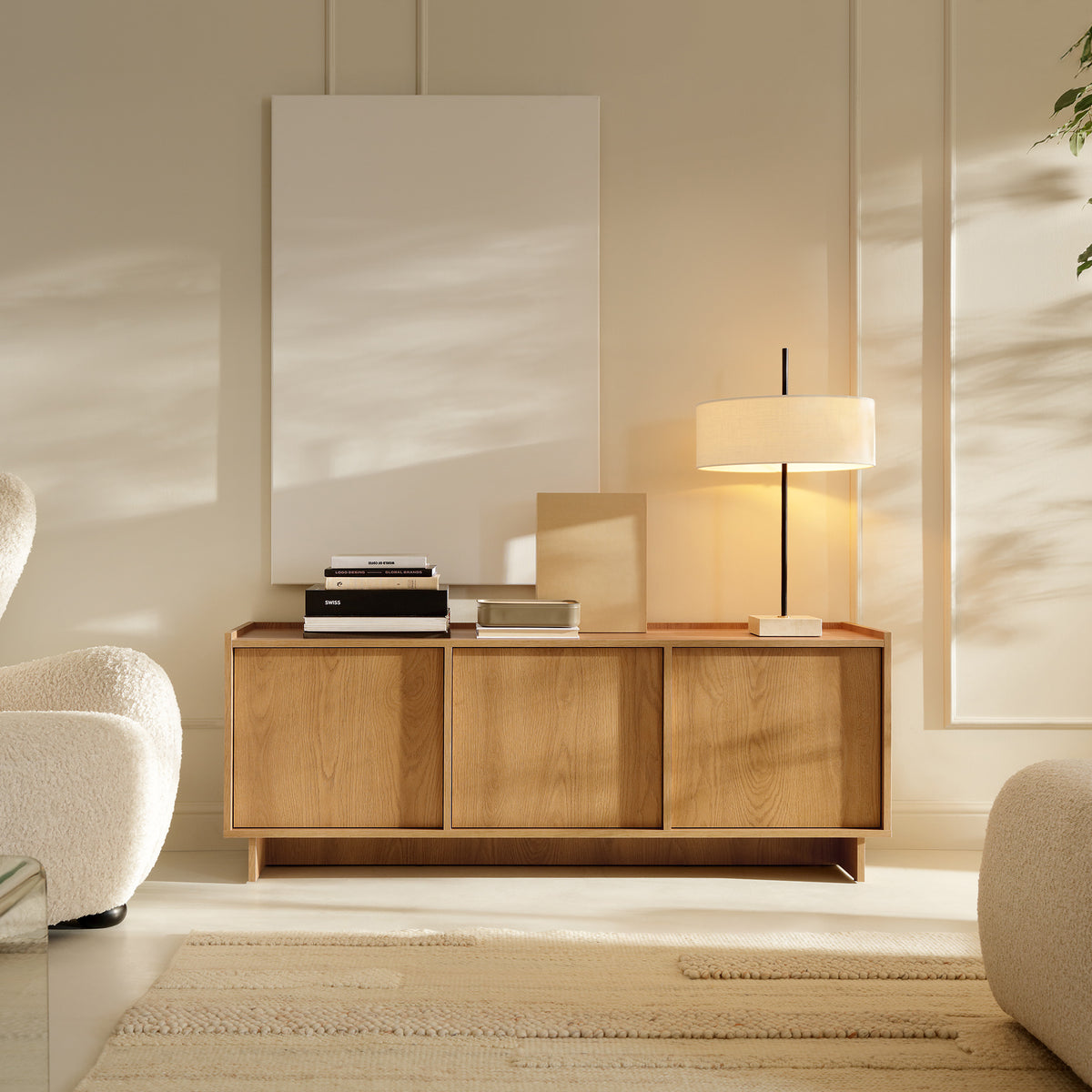Kiyro TV Unit / TV Stand with Closed Compartments 147x55, Japandi Style – in a room setting