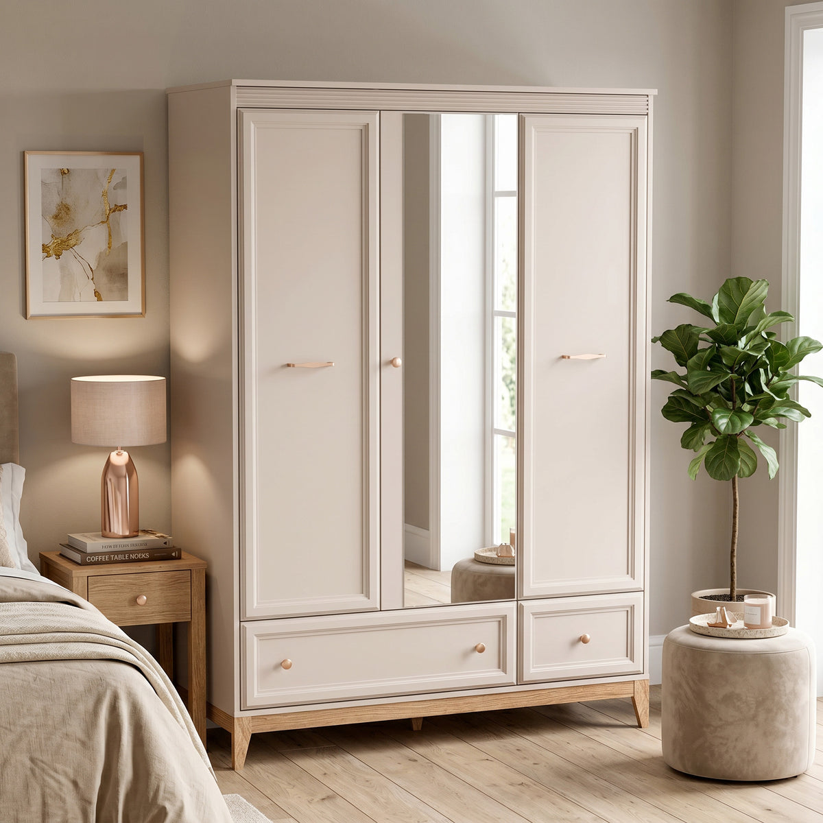 Serena Wardrobe with Mirror 136x193 with 3 Doors, Modern Classic Style – in a room setting