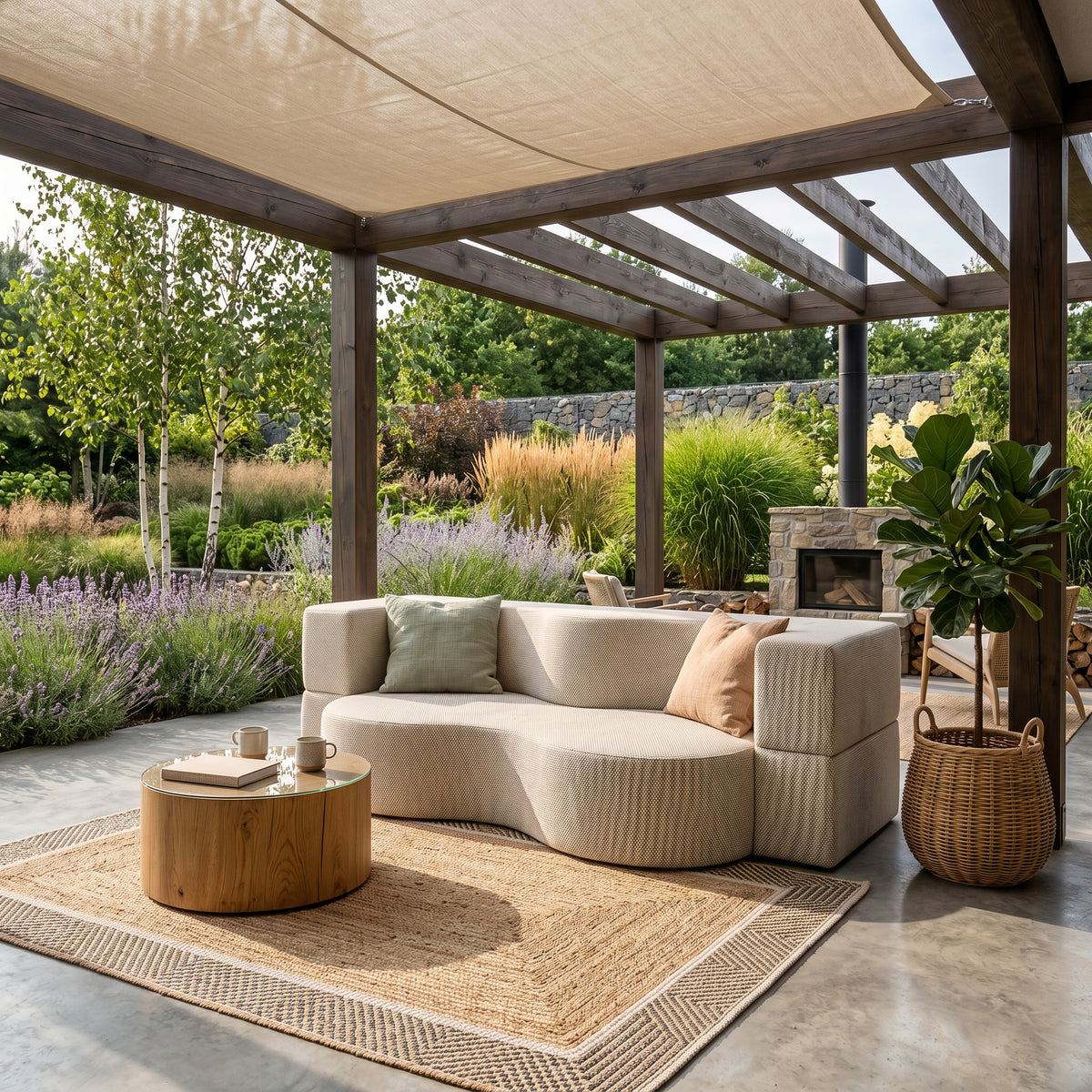 Moderne slaapbank Kamelia voor de tuin van schuim met slaapfunctie, van Harris-stof - in een interieurarrangement