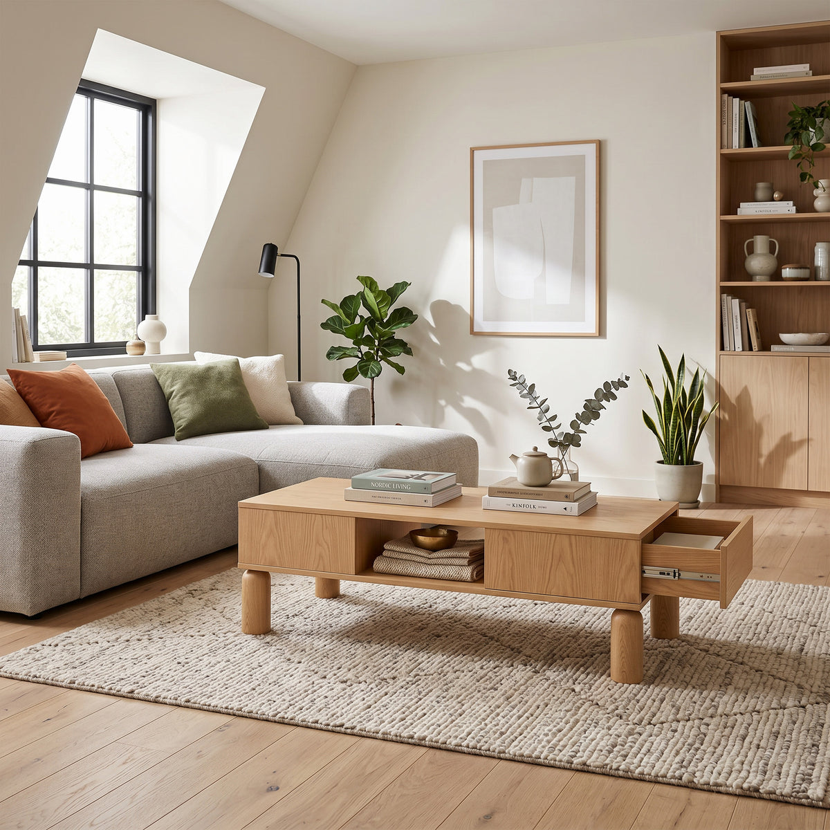 Fjord Coffee Table 110x37 with Open Compartments, Scandinavian Style – in a room setting