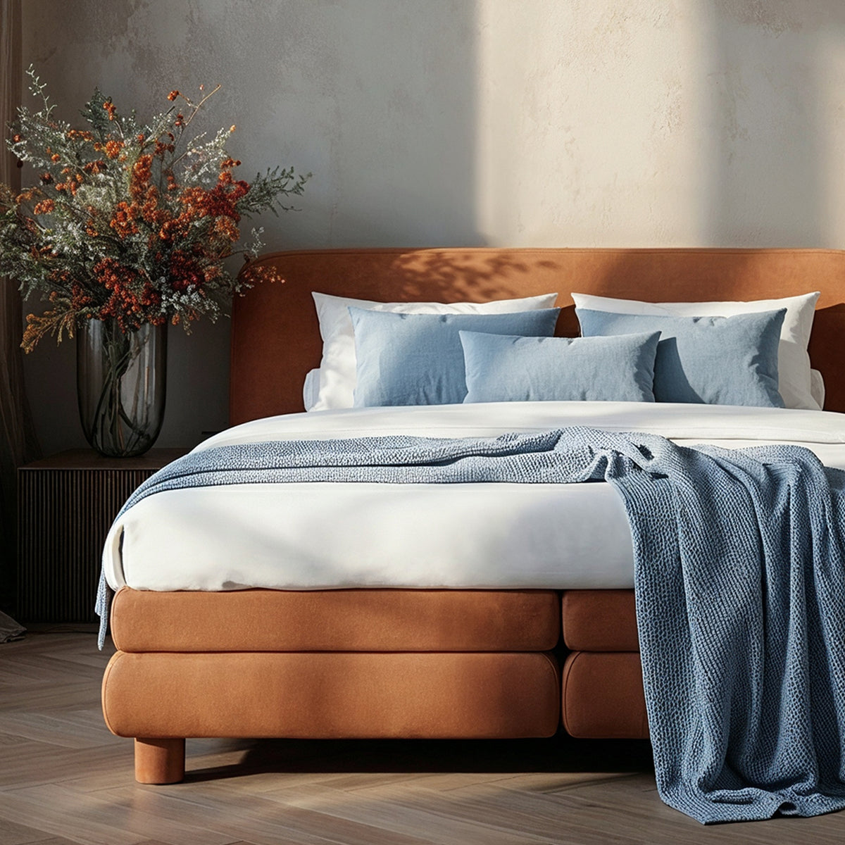 Portela Continental Divan Bed with a Rounded Headboard 140x200, 160x200 and 180x200, Modern Organic Style – in a room setting