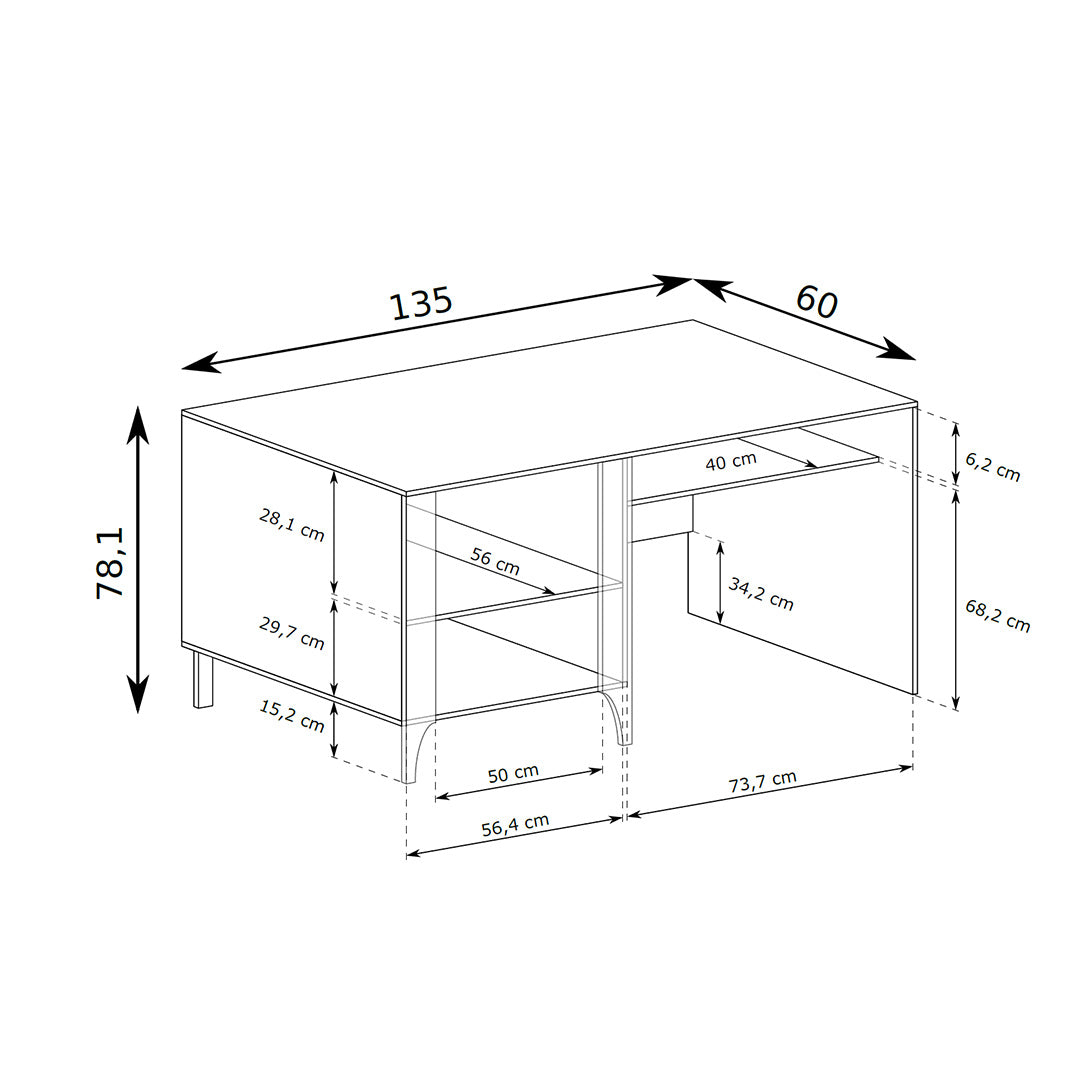 Bureau EKLIPSO 135x78 met afsluitbare kast in moderne stijl - maattekening | Pillovely
