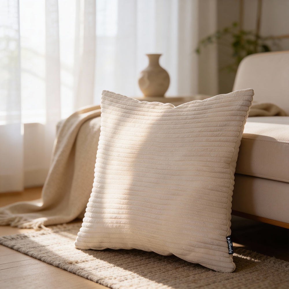 Wide Corduroy Decorative Cushion 45x45 cm, Scandinavian and Boho Style – in a room setting
