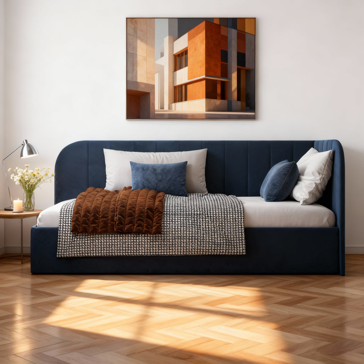 Mily Corner Ottoman Bed with Storage 101x212, Scandinavian Style – in a room setting