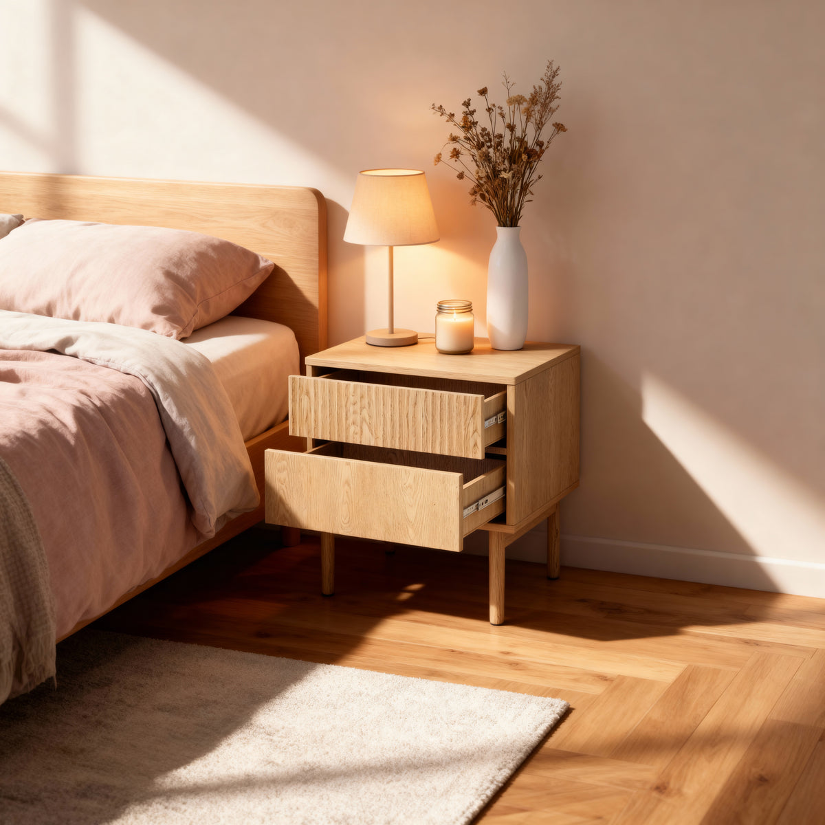 Viola Bedside Table with 2 Drawers 54x55 cm, Scandinavian Style – in a room setting