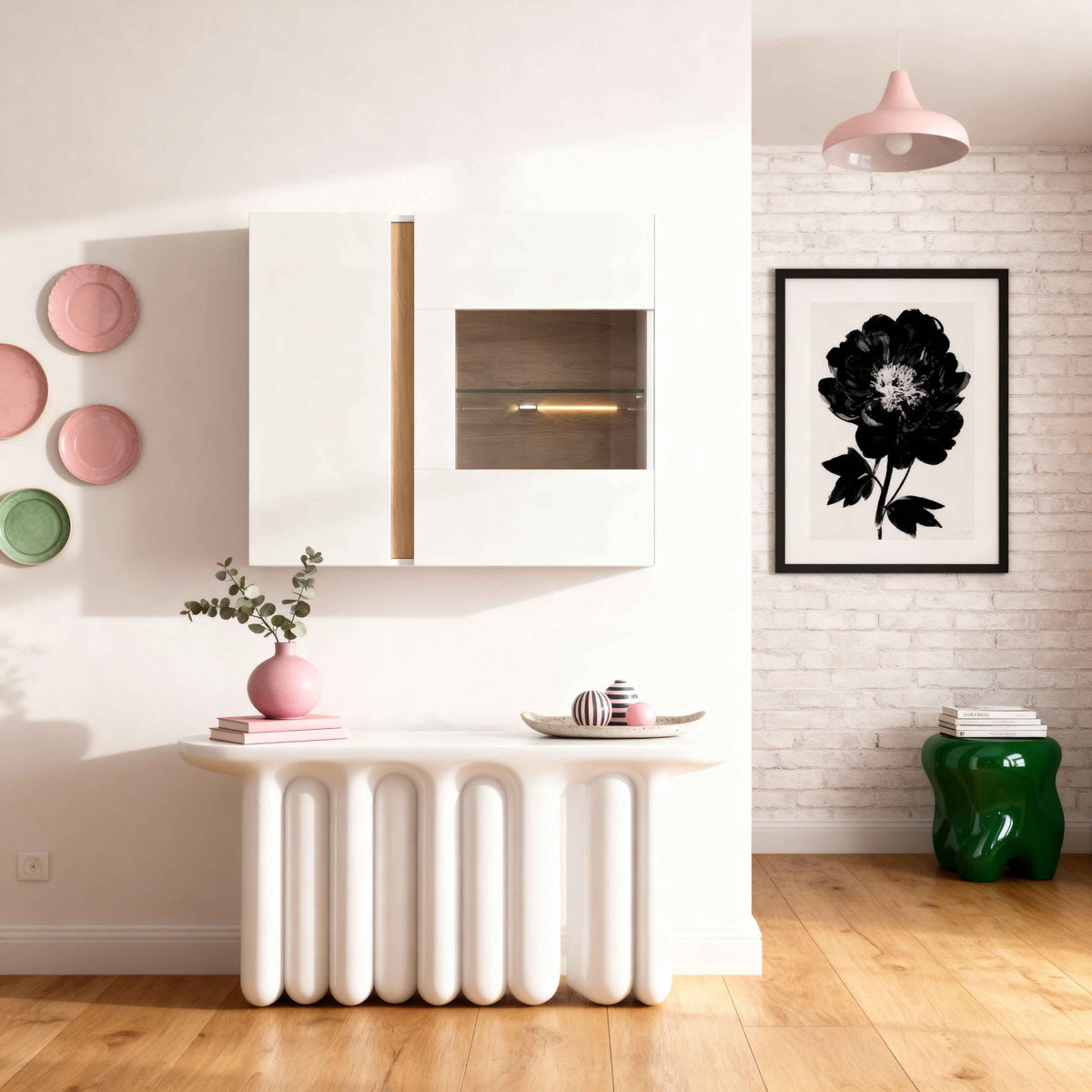 Armelia Wall-mounted Glass Display Cabinet 97x83 cm, Minimalist Style – in a room setting