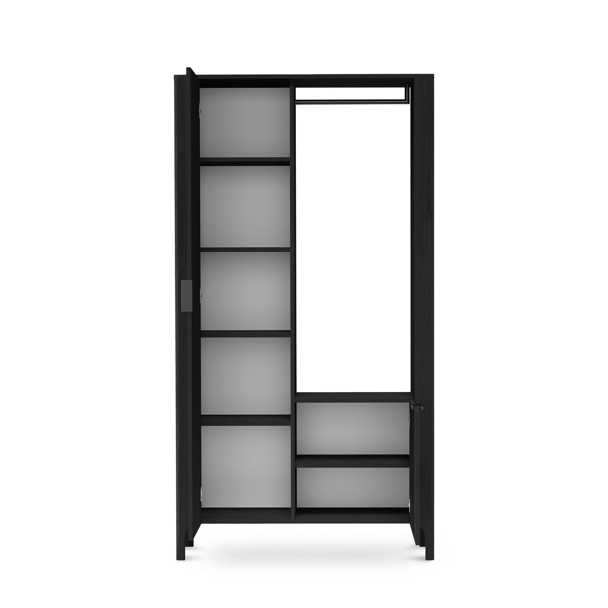 Kledingkast EKLIPSO 105x197 met spiegel in moderne stijl, kleur zwart - interieur na openen | Pillovely