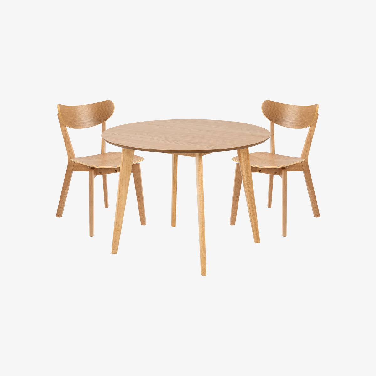 Krel-stoelen met een Krel-tafel in licht eiken op een grijze achtergrond