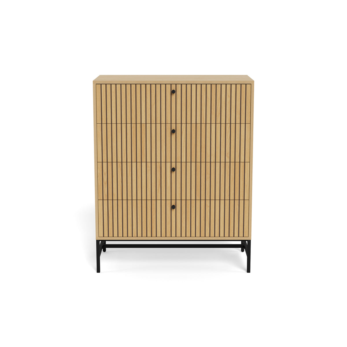 Bambouz-commode 81x100 eiken – vooraanzicht van het lamellenfront met zwarte knoppen