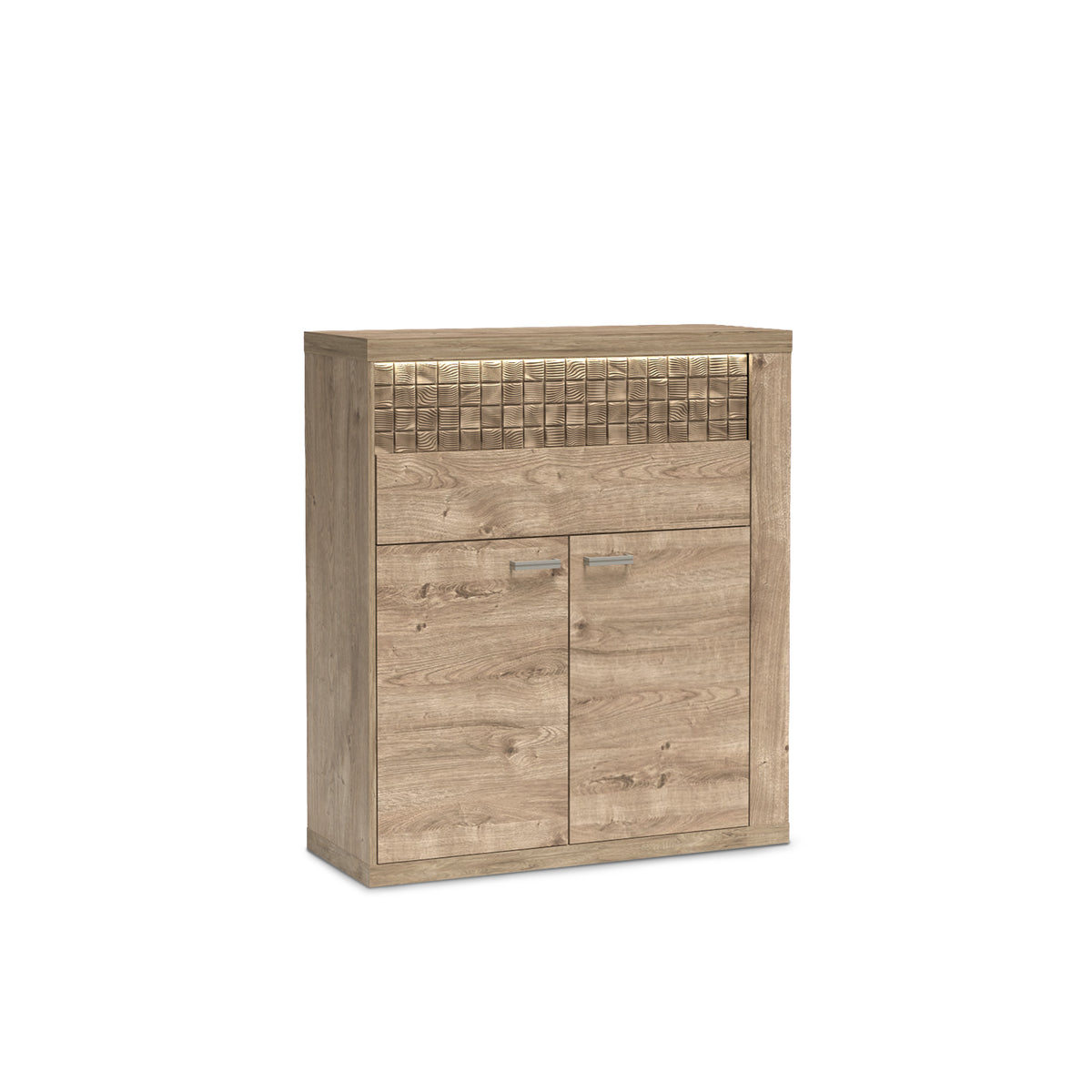 Dressoir Korin 102x119 met LED – warm licht boven de geribbelde front, dressoir met LED-verlichting