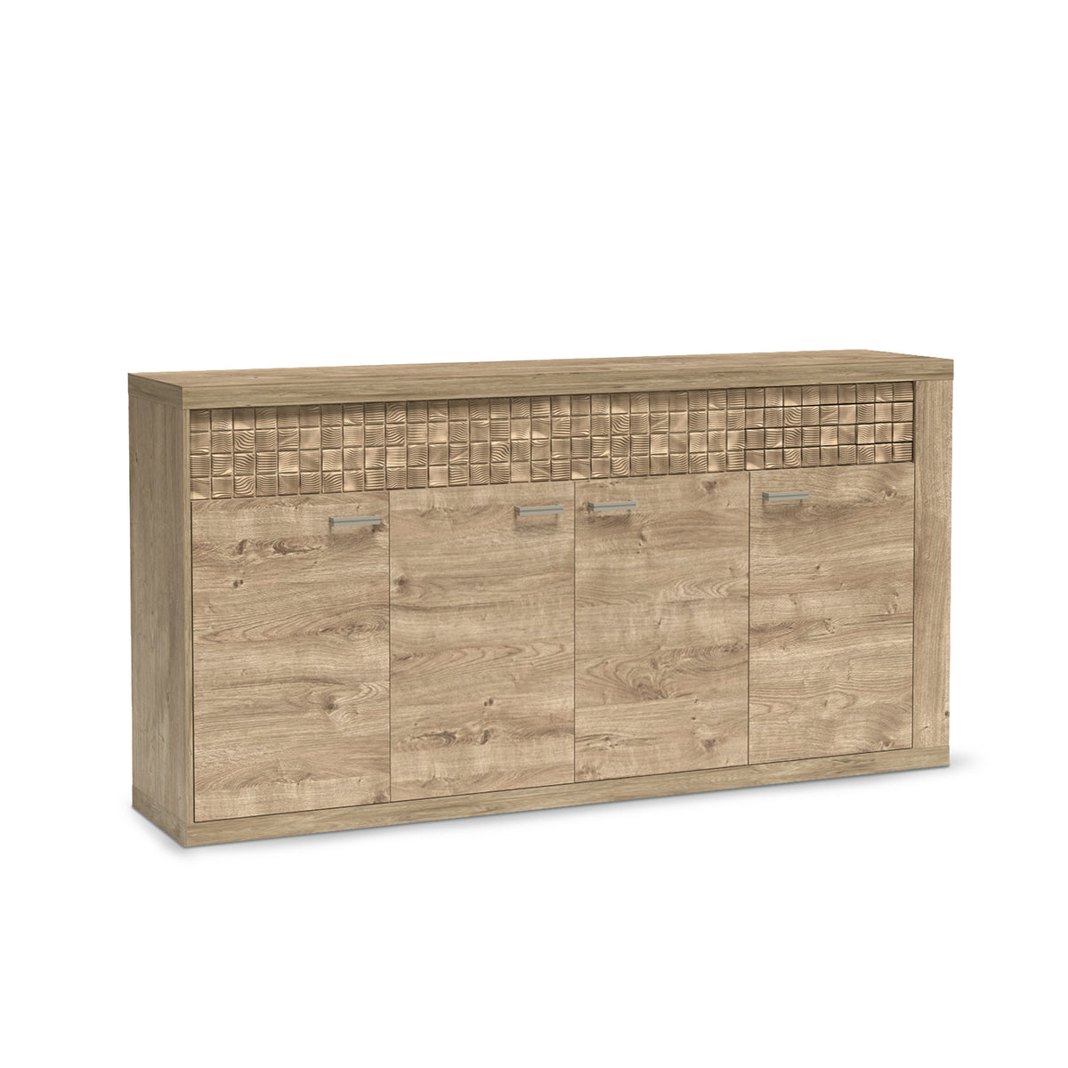 Dressoir Korin 192x99 in eiken – breed dressoir met 4 deuren en geribbeld front, schuin aanzicht