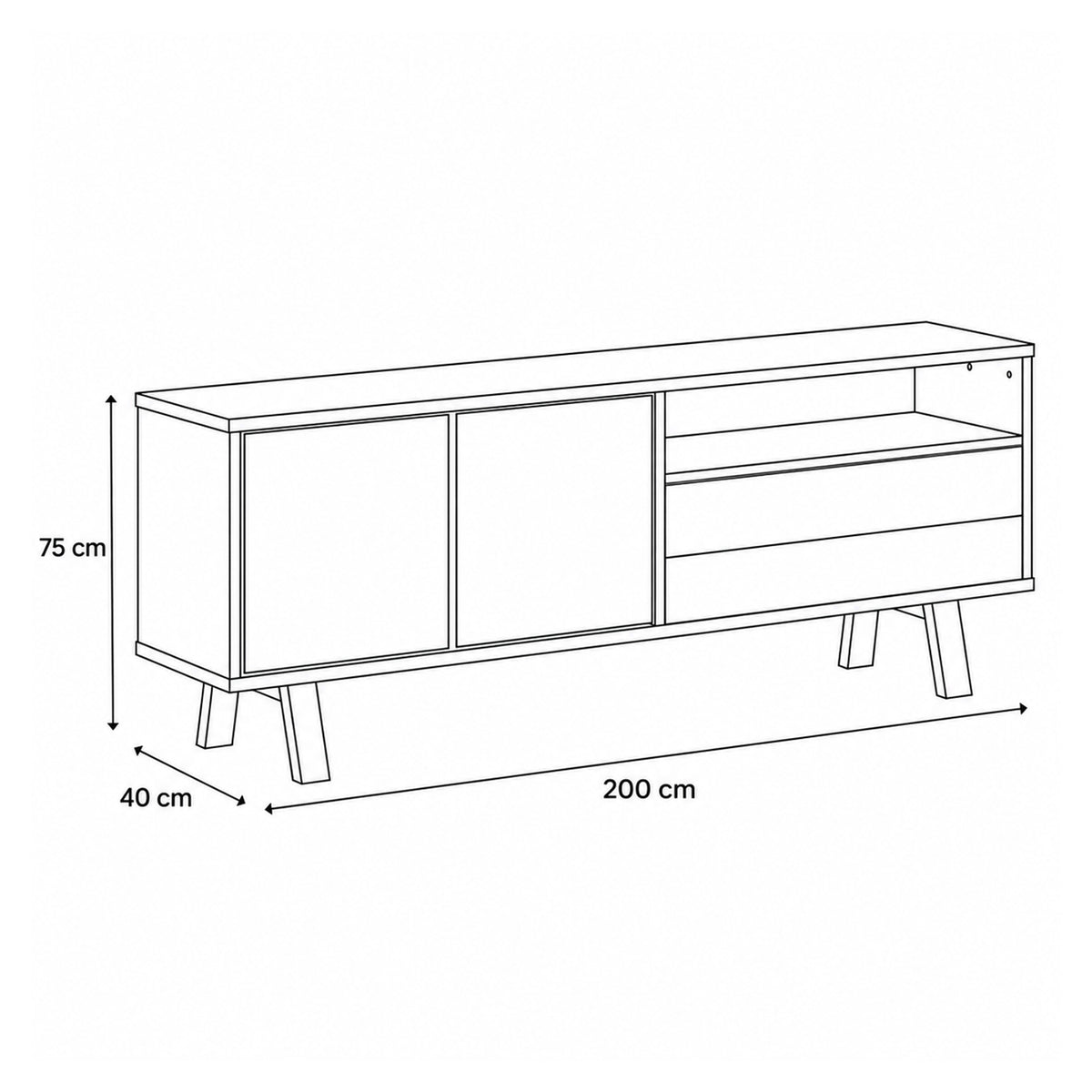 Lurisse-commode 200x75 – maatschets met breedte, hoogte en diepte
