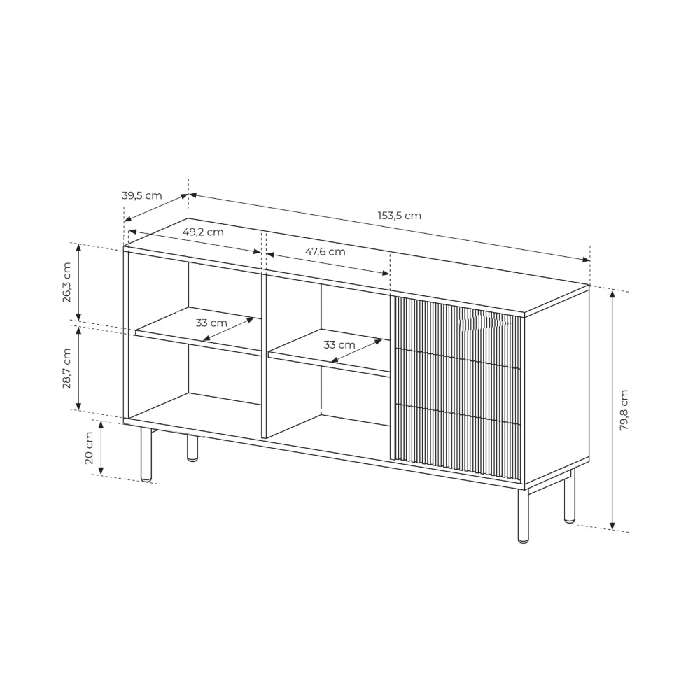 Viola 2-door Sideboard 154x80 with 3 Drawers, Japandi Style – dimensions drawing