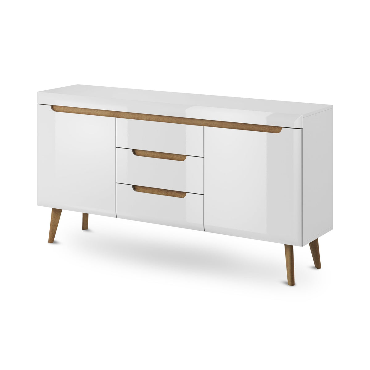 Trava Sideboard with Drawers and Cabinets 160x83, Scandinavian Style – White Gloss Riviera Oak