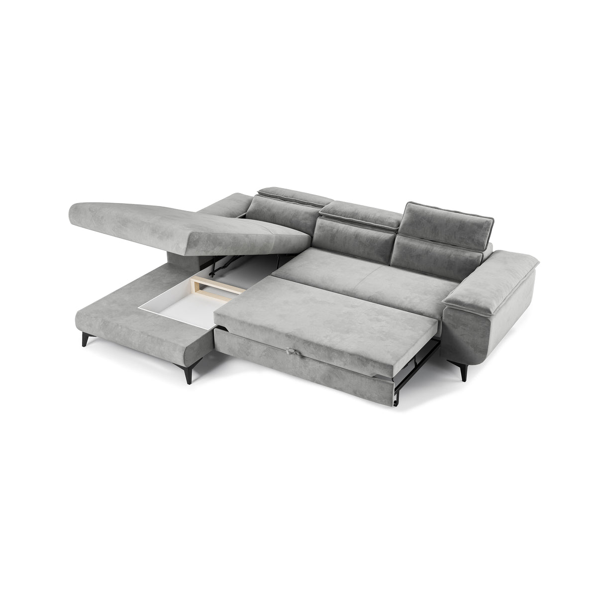 Bessi-hoekbank 276x205 met geopende opbergruimte in de chaise longue – hoekbank met opbergruimte voor beddengoed