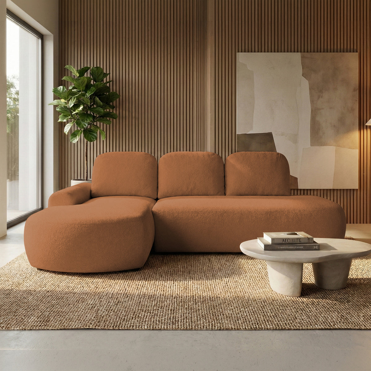 Moluni-hoekbank 263 cm Roestbruin (BELLINI 09), linkszijdig, in de woonkamer met lamellen, jute vloerkleed en tafeltje