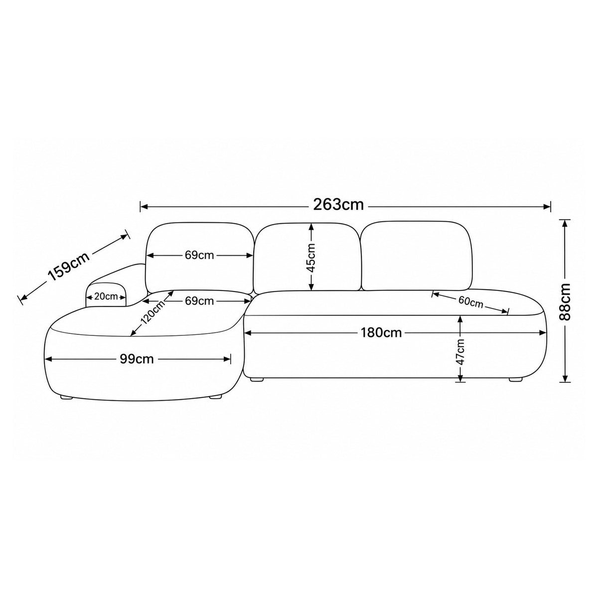 Moluni-hoekbank 263 cm – maatschets met breedte, hoogte, diepte en afmetingen van chaise longue en zitting