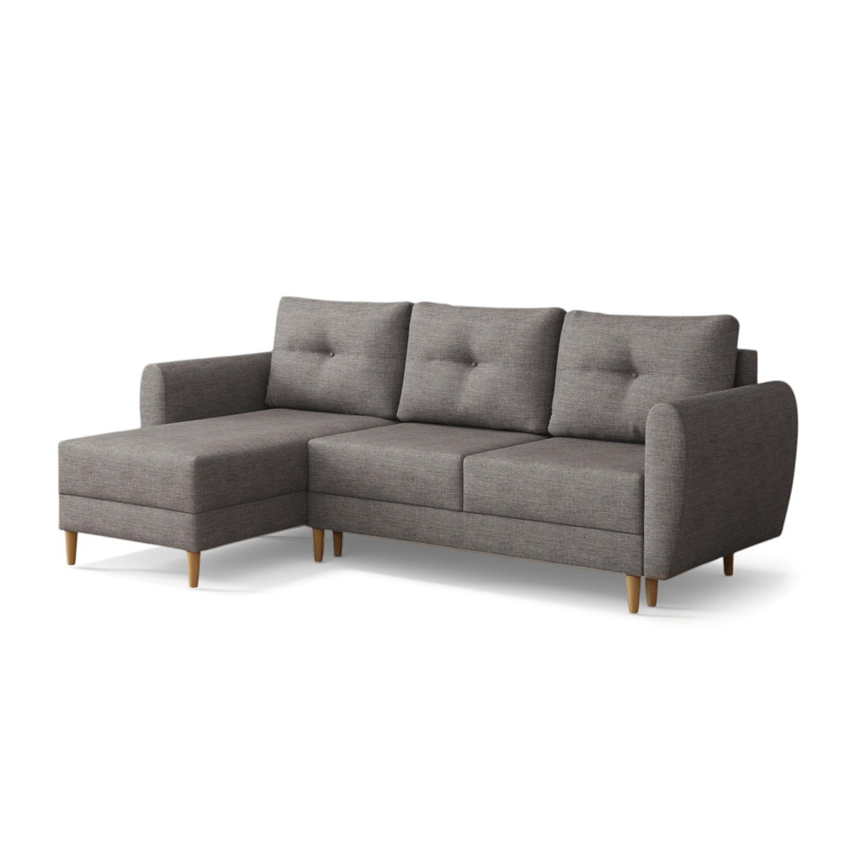 Hoekbank met slaapfunctie Harmi 235 cm Zilveren Mist (SAWANA 05), linkszijdig, gewatteerde kussens en houten poten