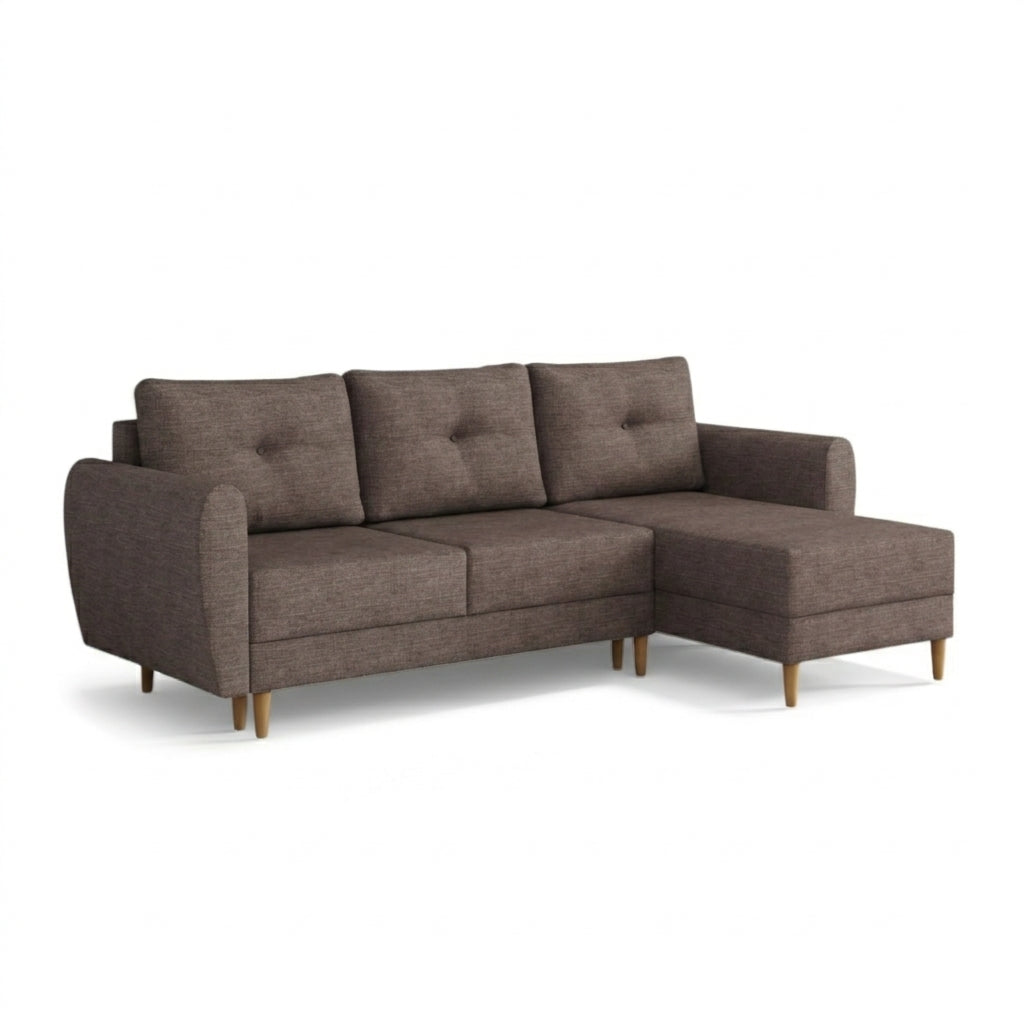 Gestikte Harmi-hoekbank 235 cm Zandkleurige Taupe (SAWANA 12), rechtszijdige versie op houten poten