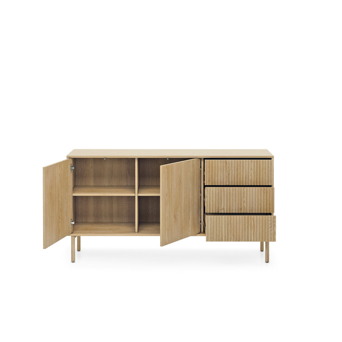 Viola 2-door Sideboard 154x80 with 3 Drawers, Japandi Style – with doors open
