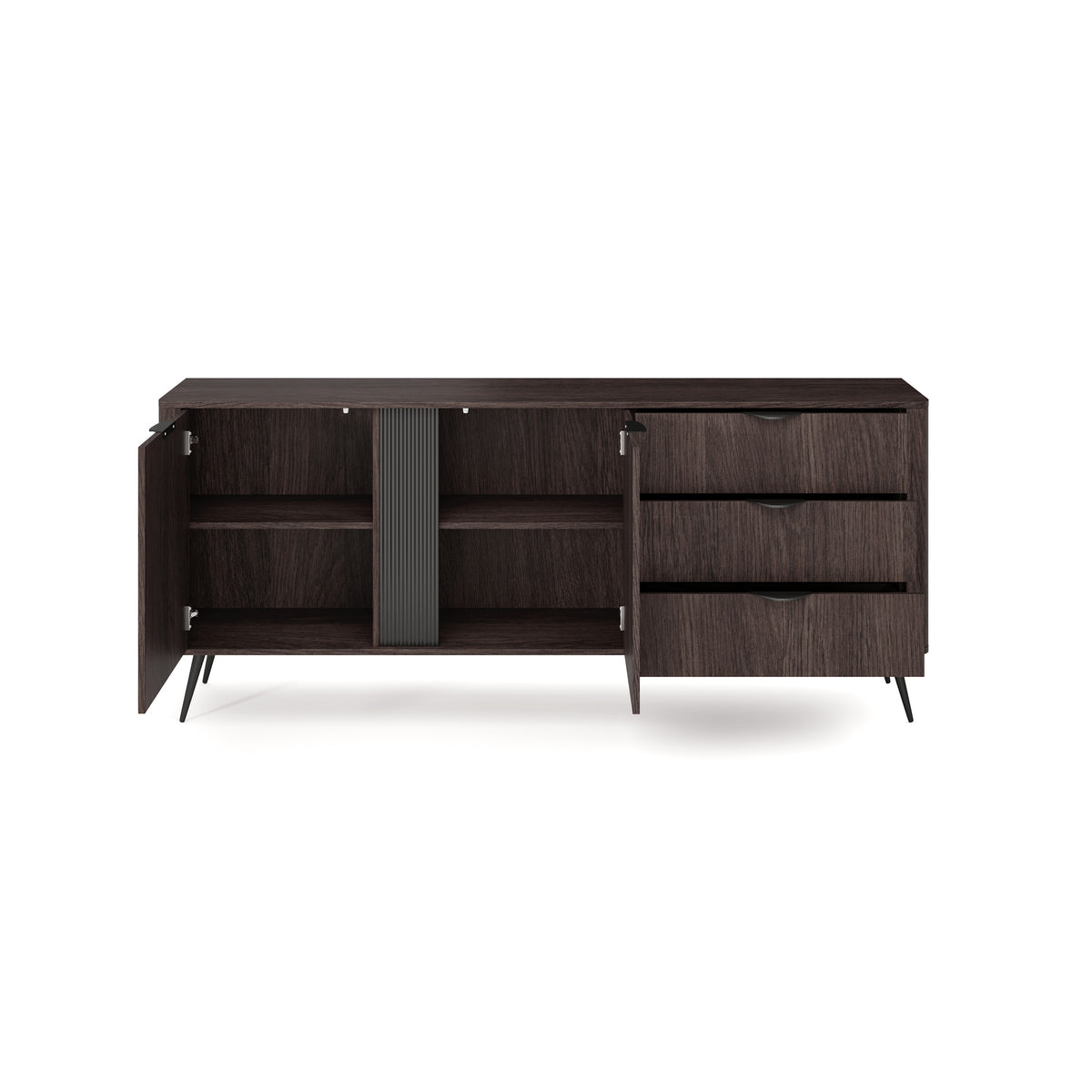 Velia Wide Sideboard 195x81 with Cabinets and Drawers, Soft Loft Style – with doors open
