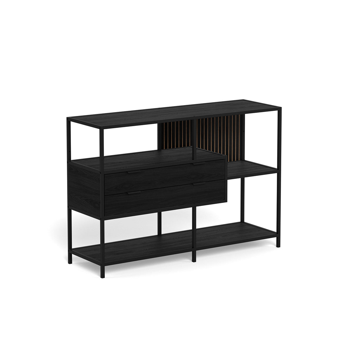 Laag rek Skeleto 114x78, zwarte melamine – schuin aanzicht, zwarte planken, lades en paneel met latten