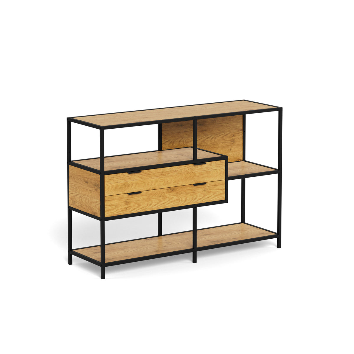 Laag rek Skeleto 114x78 Wild Eiken – schuin aanzicht van het zwarte frame, het blad, de planken en de twee lades