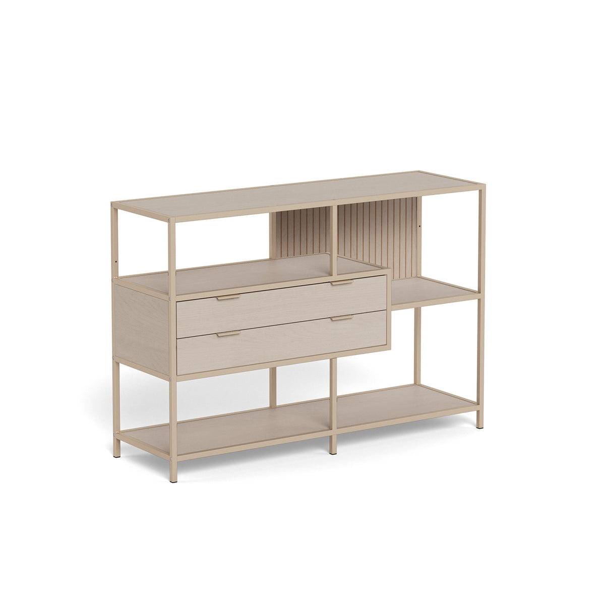 Laag rek Skeleto 114x78 grijze melamine – schuin aanzicht van het lichte frame, de planken en de twee lades