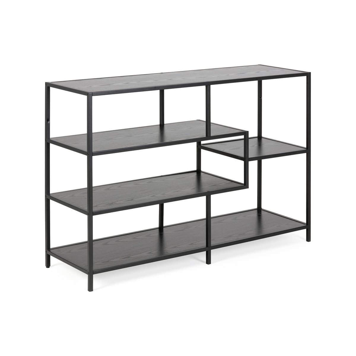 Skeleto-boekenkast 114x78, zwarte melamine, schuin aanzicht – zwarte boekenkast met asymmetrische planken in industriële stijl