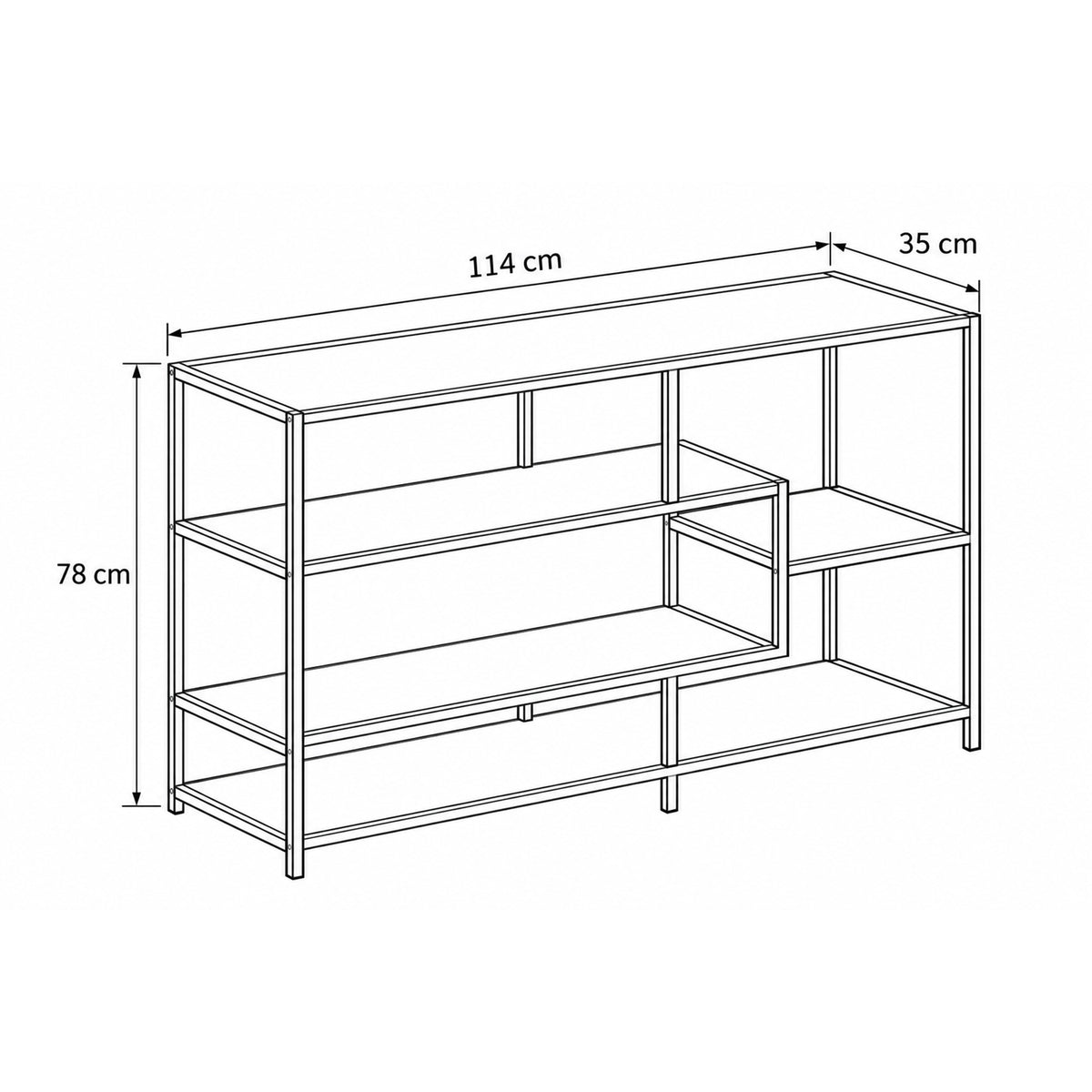 Boekenkast Skeleto 114x78 – maatschets met breedte, hoogte en diepte