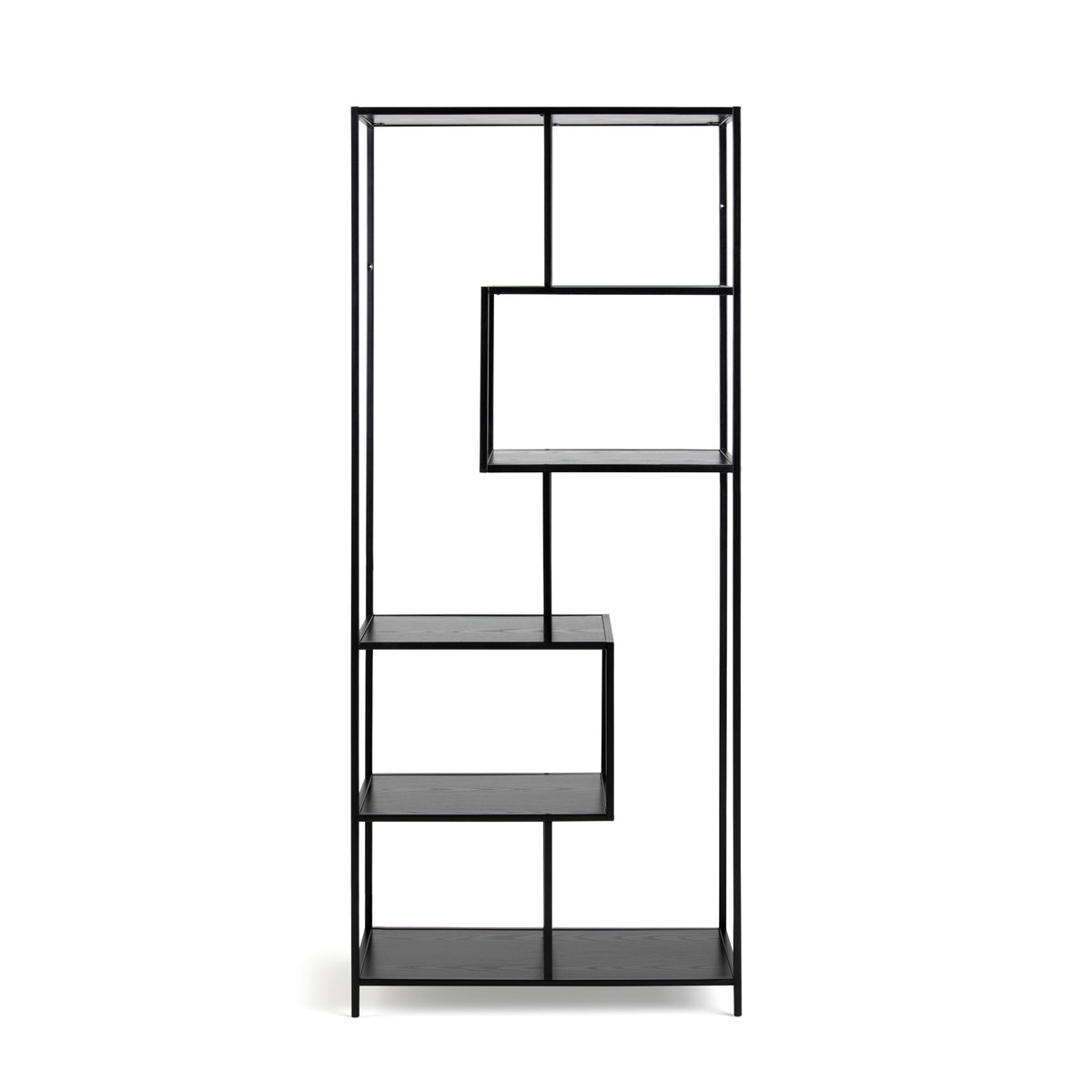 Skeleto-boekenkast 77x185, zwarte melamine, vooraanzicht – planken in de kleur zwart essenhout