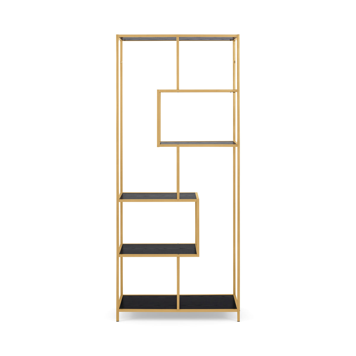 Skeleto-boekenkast 77x185, zwarte melamine (gouden frame), vooraanzicht – gouden stalen frame en verschoven planken