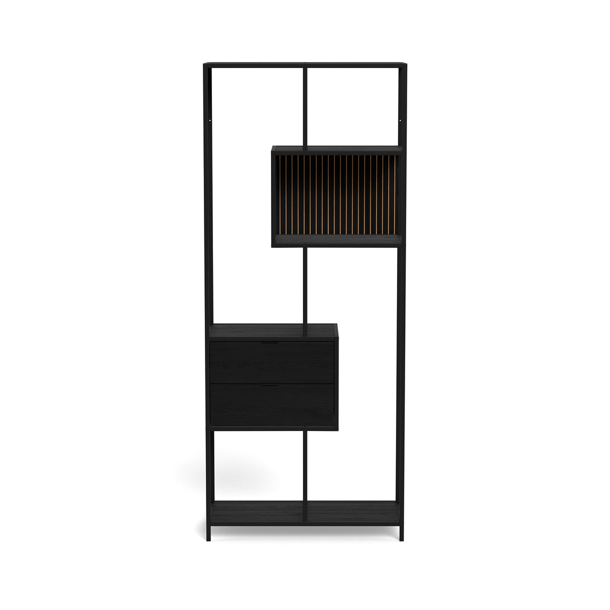 Skeleto-boekenkast 77x185, zwarte melamine – vooraanzicht, zwarte boekenkast met lades in loftstijl