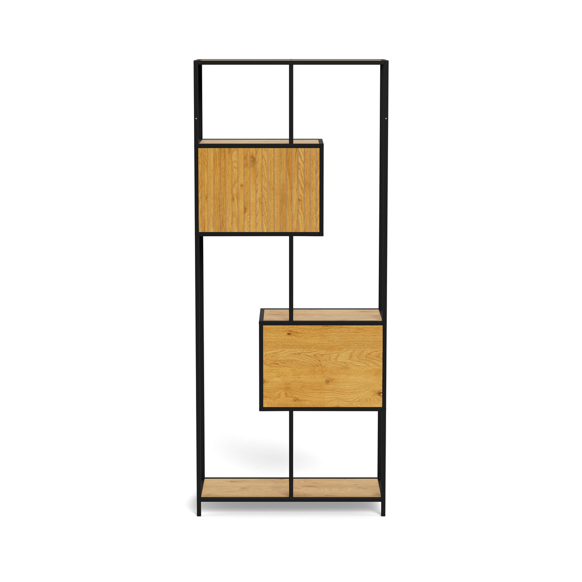 Skeleto-boekenkast 77x185 Wild Eiken – achteraanzicht van de panelen van de nis en de lade-module