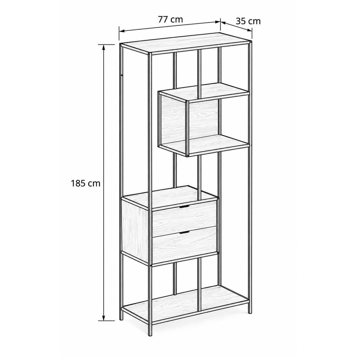 Skeleto-boekenkast 77x185 met lades – maatschets met breedte, hoogte en diepte